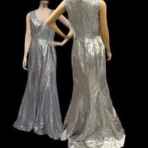 Sequin Sparkling Silver Metallic Formal Gown